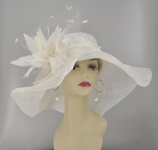 White  Feather Flower Kentucky Derby Hat, Church Hat, Wedding Hat, Easter Hat, Tea Party Hat Wide Brim  Sinamay  Hat