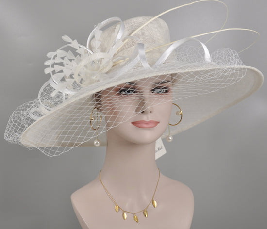 TH21009 White Wide Brim Sinamay Hat Church Kentucky Derby Hat Carriage Tea Party Wedding  Royal Ascot Horse Race Oaks day hat