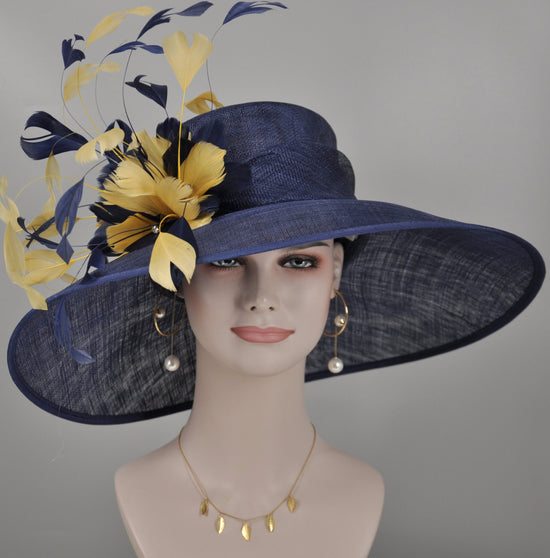 Navy Blue with Gold Feather Flowers Kentucky Derby Hat Tea Party Carriage Party  Royal AscotWide Brim  Sinamay Hat