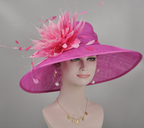 Fuchsia Hot Pink and Pink Feather Flower Kentucky Derby Hat Tea Party Carriage Party  Royal AscotWide Brim  Sinamay Hat