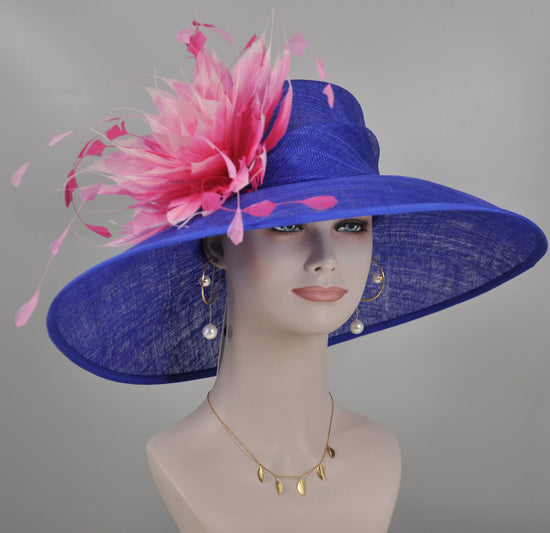 Royal Blue w Fuchsia Hot Pink and Pink Feather Flower Kentucky Derby Hat Tea Party Carriage Party  Royal AscotWide Brim  Sinamay Hat