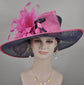 Navy Blue w Hot Pink Feather Flower Wide Brim Sinamay  Kentucky Derby Hat Tea Party Carriage Party