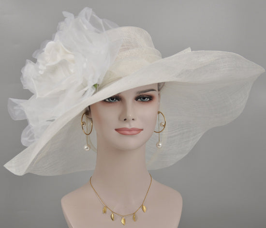 White Jumbo Silk Flower, Kentucky Derby hat, Church hat, Wedding hat, Tea Party hat , Floppy Wide Brim Sinamay Dress Hat