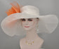 White w Orange Jumbo Silk Flower, Kentucky Derby hat, Church hat, Wedding hat, Tea Party hat , Floppy Wide Brim Sinamay Dress Hat