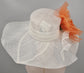 White w Orange Jumbo Silk Flower, Kentucky Derby hat, Church hat, Wedding hat, Tea Party hat , Floppy Wide Brim Sinamay Dress Hat