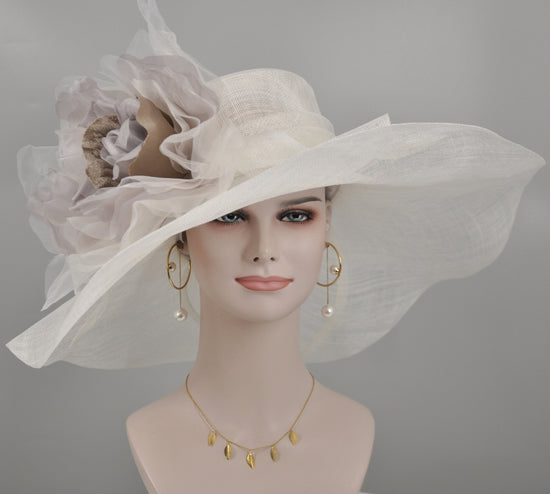 White w Taupe Jumbo Silk Flower, Kentucky Derby hat, Church hat, Wedding hat, Tea Party hat , Floppy Wide Brim Sinamay Dress Hat