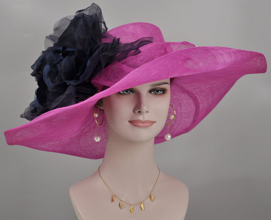 Fuchsia  Pink w Navy Blue Jumbo Silk Flower, Kentucky Derby hat, Church hat, Wedding hat, Tea Party hat , Floppy Wide Brim Sinamay Dress Hat