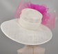 Church Kentucky Derby Hat Carriage Tea Party Wedding Wide Brim  Hat in Solid Sinamay Hat White w Fuchsia/Hot Pink Jumbo Silk Flower