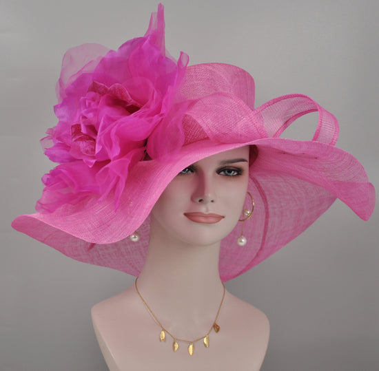 Hot Pink+ More Colors Jumbo Silk Flower, Kentucky Derby hat, Church hat, Wedding hat, Tea Party hat , Floppy Wide Brim Sinamay Dress Hat