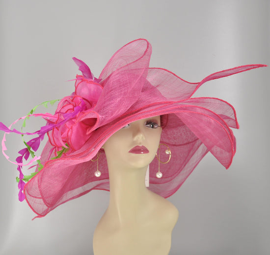 Hot Pink/ Fuchsia  Pink Green w Silk Flower Kentucky Derby Hat, Church Hat, Wedding Hat, Easter Hat, Tea Party Hat Wide Brim  Sinamay  Hat