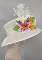 Church Kentucky Derby Hat Wide Brim Sinamay Hat  Carriage Tea Party Wedding  White w Lily and Orchid Silk Flowers Jumbo Feather flower