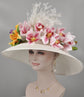 Church Kentucky Derby Hat Wide Brim Sinamay Hat  Carriage Tea Party Wedding  White w Lily and Orchid Silk Flowers Jumbo Feather flower