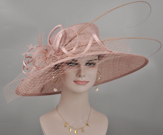 TH21009 Blush Pink Wide Brim Sinamay Hat Church Kentucky Derby Hat Carriage Tea Party Wedding  Royal Ascot Horse Race Oaks day hat