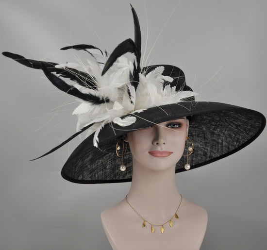 Church Kentucky Derby Hat Carriage Tea Party Wedding Wide Brim  Royal Sinamay Hat Black