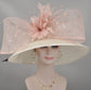 Ivory w Blush Pink Feather Flowers and Jumbo Two Bows Wide brim Sinamy Hat Kentucky Derby Hat ,Tea Party Carriage Party