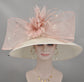 Ivory w Blush Pink Feather Flowers and Jumbo Two Bows Wide brim Sinamy Hat Kentucky Derby Hat ,Tea Party Carriage Party