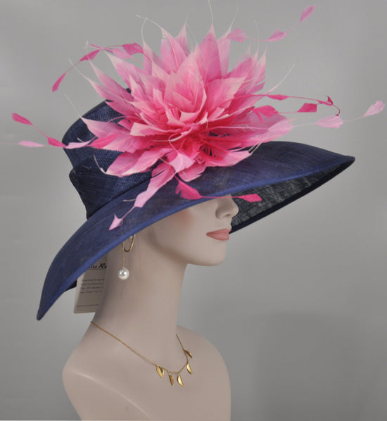 Navy Blue w Fuchsia Hot Pink and Pink Feather Flower Kentucky Derby Hat Tea Party Carriage Party  Royal AscotWide Brim  Sinamay Hat