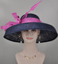 Audrey Hepburn Style Dome Hat Kentucky Derby Hat Tea Party Carriage Party  3 Layers  Wide Brim  Sinamay Hat Navy Blue w Hot Pink