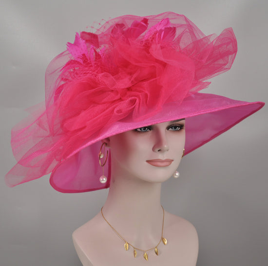 Medium Brim One Flower Hot Pink/ Fuchsia for Church, Wedding, Tea Party, Kentucky Derby Hat Medium Brim Organza Hat