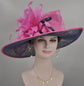 Navy Blue w Hot Pink Feather Flower Wide Brim Sinamay  Kentucky Derby Hat Tea Party Carriage Party