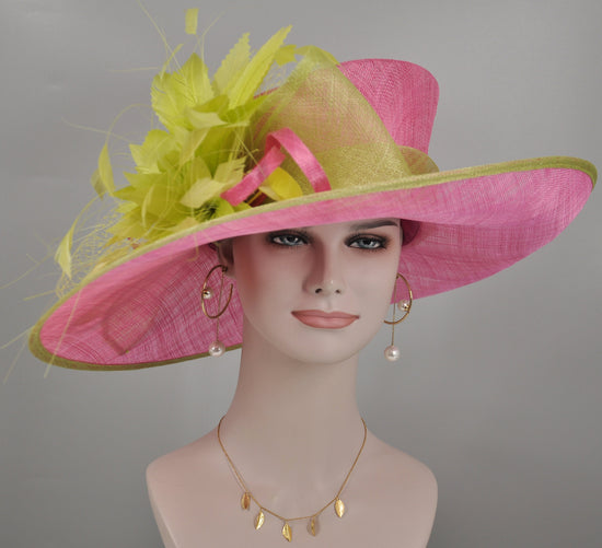 Hot Pink w Lime Green  Feather Flower  Wide Brim Sinamay  Kentucky Derby Hat Tea Party Carriage Party