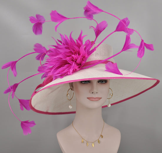 White w Fuchsia Kentucky Derby Hat, Church Hat, Wedding Hat, Easter Hat, Tea Party Hat Wide Brim Royal Ascot Horse Race Oaks day hat