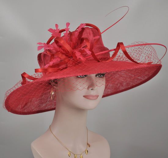 TH21009 Red Wide Brim Sinamay Hat Church Kentucky Derby Hat Carriage Tea Party Wedding  Royal Ascot Horse Race Oaks day hat