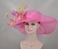 Hot Pink /Fuchsia/Lime Green Feather Flowers w Rhinestones Kentucky Derby Hat, Tea Party Hat