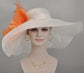 White w Orange Jumbo Silk Flower, Kentucky Derby hat, Church hat, Wedding hat, Tea Party hat , Floppy Wide Brim Sinamay Dress Hat