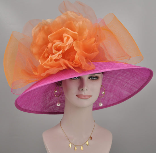 Church Kentucky Derby Hat Carriage Tea Party Wedding Wide Brim Royal Ascot Hat in Solid Sinamay Hat  Hot Pink and Orange Jumbo Silk Flower