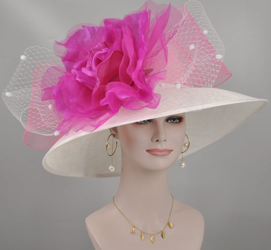 Church Kentucky Derby Hat Carriage Tea Party Wedding Wide Brim  Hat in Solid Sinamay Hat White w Fuchsia/Hot Pink Jumbo Silk Flower