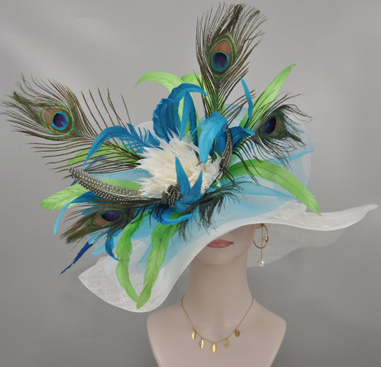 White Wide Brim Sinamay Hat Kentucky Derby Hat w Teal Blue White Green Turkey Peacocks Feather Flower Kentucky Derby Wedding Hat, Easter Hat