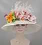 Church Kentucky Derby Hat Wide Brim Sinamay Hat  Carriage Tea Party Wedding  White w Lily and Orchid Silk Flowers Jumbo Feather flower