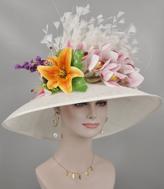 Church Kentucky Derby Hat Wide Brim Sinamay Hat  Carriage Tea Party Wedding  White w Lily and Orchid Silk Flowers Jumbo Feather flower