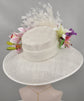 Church Kentucky Derby Hat Wide Brim Sinamay Hat  Carriage Tea Party Wedding  White w Lily and Orchid Silk Flowers Jumbo Feather flower