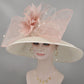 Ivory w Blush Pink Feather Flowers and Jumbo Two Bows Wide brim Sinamy Hat Kentucky Derby Hat ,Tea Party Carriage Party