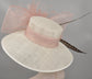 Ivory w Blush Pink Feather Flowers and Jumbo Two Bows Wide brim Sinamy Hat Kentucky Derby Hat ,Tea Party Carriage Party