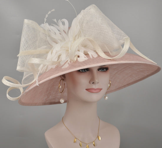 Church Kentucky Derby Hat Carriage Tea Party Wedding  With Jumbo Feather Flower and Bows Blush Pink w Ivory