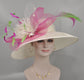 Church Kentucky Derby Hat   Tea Party Wedding Wide Brim  Royal Ascot Hat in Solid Sinamay Hat Ivory/Off White and  Hot Pink w Green