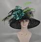 Black w Turquoise Feather Flowers  Peacock Feathers  Kentucky Derby Hat Tea Party Carriage Party  Royal AscotWide Brim  Sinamay Hat