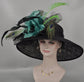 Black w Turquoise Feather Flowers  Peacock Feathers  Kentucky Derby Hat Tea Party Carriage Party  Royal AscotWide Brim  Sinamay Hat