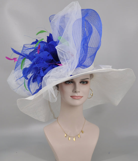 White w Royal Blue Jumbo Bow and Colorful Feather Flowers Kentucky Derby Hat,  Tea Party Hat Wide Brim  Sinamay  Hat