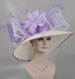 Church Kentucky Derby Hat Wide Brim Sinamay Hat  Carriage Tea Party Wedding  White with Lavender Lilac Bows Peacock Feathers