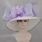 Church Kentucky Derby Hat Wide Brim Sinamay Hat  Carriage Tea Party Wedding  White with Lavender Lilac Bows Peacock Feathers