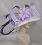 Church Kentucky Derby Hat Wide Brim Sinamay Hat Carriage Tea Party Wedding  White with Lavender Lilac Bows Peacock Feathers Pheasant Feather