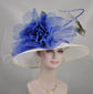 Church Kentucky Derby Hat Wide Brim Sinamay Hat  Carriage Tea Party Wedding  White with Royal Blue Silk Flower Peacock  Pheasant feathers