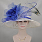 Church Kentucky Derby Hat Wide Brim Sinamay Hat  Carriage Tea Party Wedding  White with Royal Blue Silk Flower Peacock  Pheasant feathers