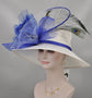 Church Kentucky Derby Hat Wide Brim Sinamay Hat  Carriage Tea Party Wedding  White with Royal Blue Silk Flower Peacock  Pheasant feathers