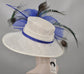 Church Kentucky Derby Hat Wide Brim Sinamay Hat  Carriage Tea Party Wedding  White with Royal Blue Silk Flower Peacock  Pheasant feathers