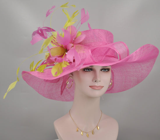 Hot Pink /Fuchsia/Lime Green Feather Flowers w Rhinestones Kentucky Derby Hat, Tea Party Hat